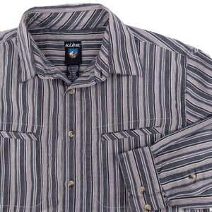 KUHL Mens Med Athletik‎ Fit Button Up Long Sleeve Shirt Striped Gray Linen Blend